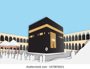 Paper cut Tawaf Hajj Umrah at Kahbah Al-Haram Masjid in Mecca Saudi Arabia - Eid Adha Mubarak - Vector Illustration