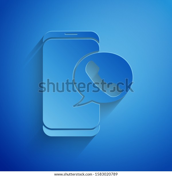Paper cut Taxi call telephone service icon\
isolated on blue background. Taxi for smartphone. Paper art style.\
Vector Illustration