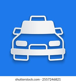 Paper cut Taxi car icon isolated on blue background. Paper art style. Vector