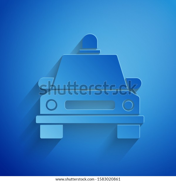 Paper cut Taxi car icon isolated on\
blue background. Paper art style. Vector\
Illustration