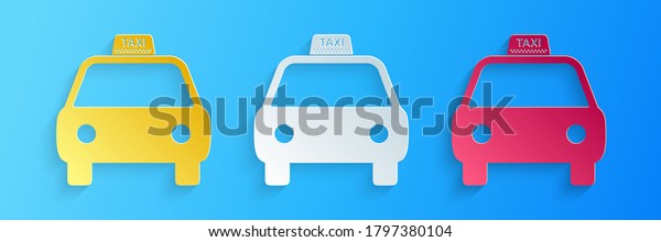 Paper cut Taxi car icon isolated on blue\
background. Paper art style.\
Vector.