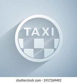 Paper cut Taxi car roof icon isolated on grey background. Paper art style. Vector