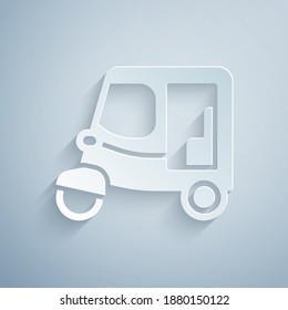 Paper Cut Taxi Tuk Tuk Icon Isolated On Grey Background. Indian Auto Rickshaw Concept. Delhi Auto. Paper Art Style. Vector.