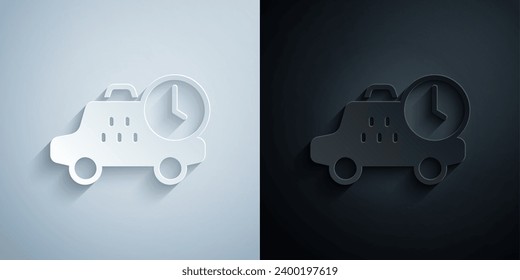 Paper cut Taxi waiting time icon isolated on grey and black background. Car deadline, schedule ride. Paper art style. Vector