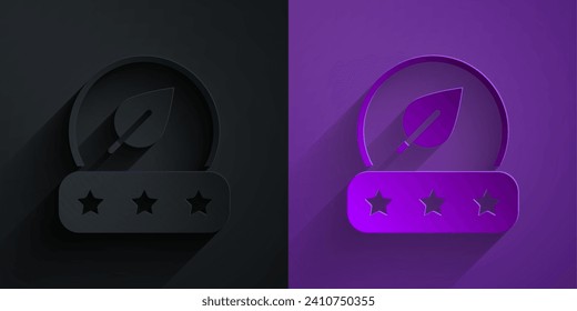 Paper cut Tea leaf icon isolated on black on purple background. Tea leaves. Paper art style. Vector