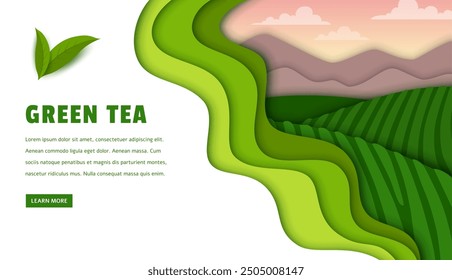 Paper cut tea plantation landing page vector template. Tea green leaves, terraced hills, farm fields and gardens, mountains, sky and clouds landscape web banner with 3d paper cut wavy green borders