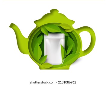 Paper cut teapot with green leaves and realistic tea bag inside, vector illustration. Green tea branding mockup, advertising.