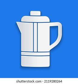 Paper cut Teapot icon isolated on blue background. Paper art style. Vector
