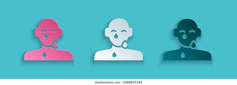 Paper cut Tear cry eye icon isolated on blue background. Paper art style. Vector