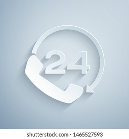 Paper cut Telephone 24 hours support icon isolated on grey background. All-day customer support call-center. Full time call services. Paper art style. Vector Illustration