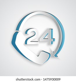 Paper cut Telephone 24 hours support icon isolated on grey background. All-day customer support call-center. Full time call services. Paper art style. Vector Illustration