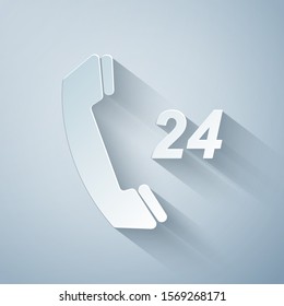 Paper cut Telephone 24 hours support icon isolated on grey background. All-day customer support call-center. Paper art style. Vector Illustration