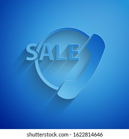 Paper cut Telephone 24 hours support icon isolated on blue background. All-day customer support call-center. Full time call services. Paper art style. Vector Illustration