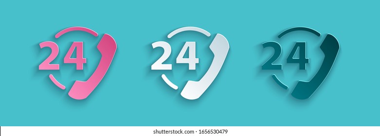 Paper cut Telephone 24 hours support icon isolated on blue background. All-day customer support call-center. Full time call services. Paper art style. Vector Illustration