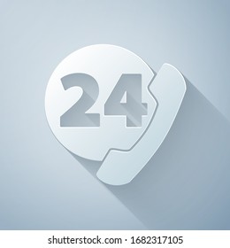 Paper cut Telephone 24 hours support icon isolated on grey background. All-day customer support call-center. Full time call services. Paper art style. Vector Illustration