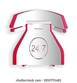 Paper cut Telephone 24 hours support icon isolated on white background. All-day customer support call-center. Open 24 hours a day and 7 days a week. Paper art style. Vector.