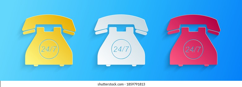 Paper cut Telephone 24 hours support icon isolated on blue background. All-day customer support call-center. Open 24 hours a day and 7 days a week. Paper art style. Vector.