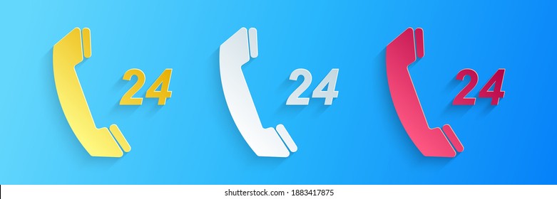 Paper cut Telephone 24 hours support icon isolated on blue background. All-day customer support call-center. Paper art style. Vector.