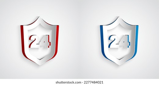Paper cut Telephone 24 hours support icon isolated on grey background. All-day customer support call-center. Full time call services. Paper art style. Vector