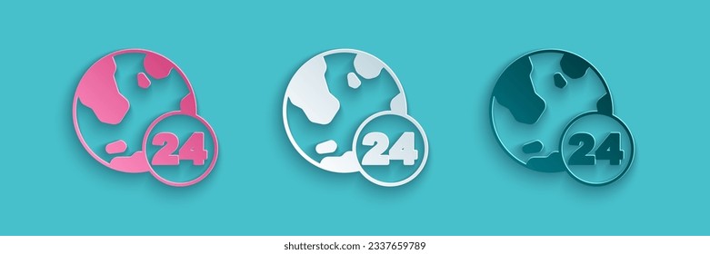 Paper cut Telephone 24 hours support icon isolated on blue background. All-day customer support call-center. Full time call services. Paper art style. Vector