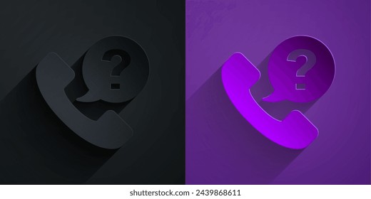 Paper cut Telephone 24 hours support icon isolated on black on purple background. All-day customer support call-center. Full time call services. Paper art style. Vector