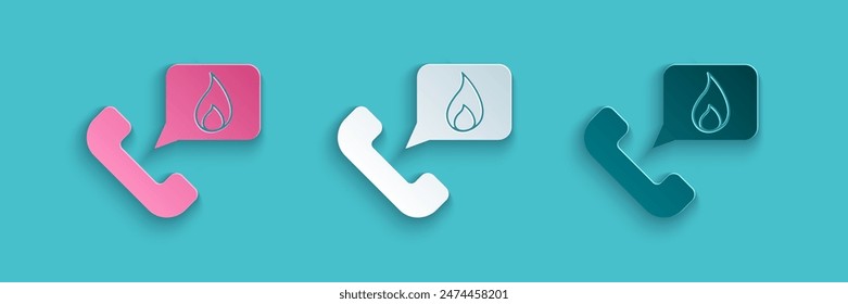 Paper cut Telephone with emergency call 911 icon isolated on blue background. Police, ambulance, fire department, call, phone. Paper art style. Vector Illustration