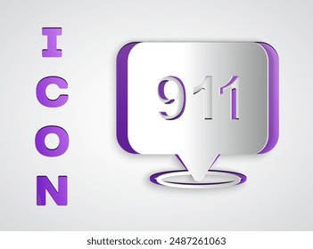 Paper cut Telephone with emergency call 911 icon isolated on grey background. Police, ambulance, fire department, call, phone. Paper art style. Vector