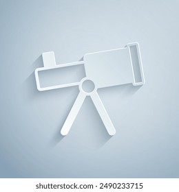 Paper cut Telescope icon isolated on grey background. Scientific tool. Education and astronomy element, spyglass and study stars. Paper art style. Vector