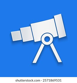 Paper cut Telescope icon isolated on blue background. Scientific tool. Education and astronomy element, spyglass and study stars. Paper art style. Vector