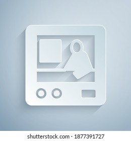 Paper cut Television report icon isolated on grey background. TV news. Paper art style. Vector.