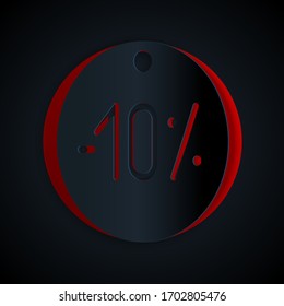 Paper cut Ten discount percent tag icon isolated on black background. Shopping tag sign. Special offer sign. Discount coupons symbol. Paper art style. Vector Illustration