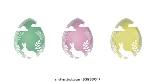 Paper cut tender set of easter eggs with rabbit, clouds, flowers and branches. 3d abstract vector illustration isolated on white. Green, pink, yellow greeting card happy easter