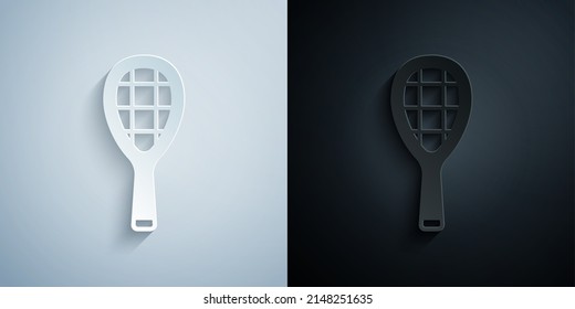 Paper cut Tennis racket icon isolated on grey and black background. Sport equipment. Paper art style. Vector