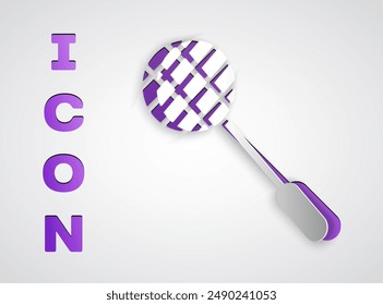 Paper cut Tennis racket icon isolated on grey background. Sport equipment. Paper art style. Vector Illustration