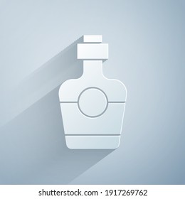 Paper cut Tequila bottle icon isolated on grey background. Mexican alcohol drink. Paper art style. Vector