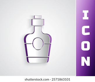 Paper cut Tequila bottle icon isolated on grey background. Mexican alcohol drink. Paper art style. Vector