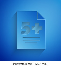 Icono de prueba de corte de papel o hoja de examen aislado en fondo azul. Prueba, examen o concepto de encuesta. Estilo de arte de papel. Ilustración vectorial