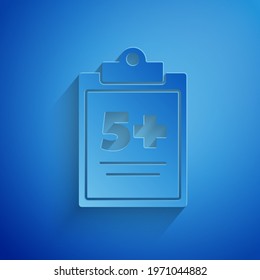 Paper cut Test or exam sheet icon isolated on blue background. Test paper, exam or survey concept. Paper art style. Vector Illustration