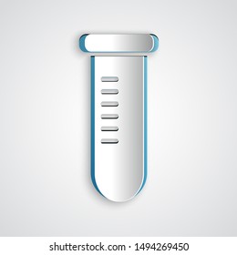 Paper cut Test tube or flask - chemical laboratory test icon isolated on grey background. Laboratory, scientific glassware sign. Paper art style. Vector Illustration