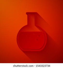 Paper cut Test tube and flask - chemical laboratory test icon isolated on red background. Paper art style. Vector Illustration