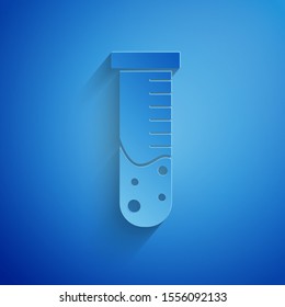 Paper cut Test tube and flask chemical laboratory test icon isolated on blue background. Laboratory glassware sign. Paper art style. Vector Illustration