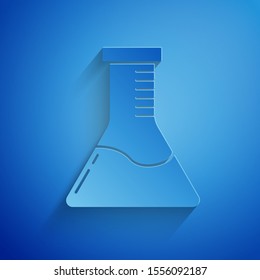 Paper cut Test tube and flask chemical laboratory test icon isolated on blue background. Laboratory glassware sign. Paper art style. Vector Illustration