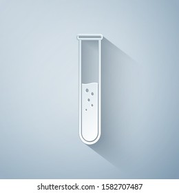 Paper cut Test tube and flask - chemical laboratory test icon isolated on grey background. Paper art style. Vector Illustration