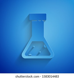 Paper cut Test tube and flask chemical laboratory test icon isolated on blue background. Laboratory glassware sign. Paper art style. Vector Illustration