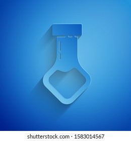 Paper cut Test tube and flask chemical laboratory test icon isolated on blue background. Laboratory glassware sign. Paper art style. Vector Illustration