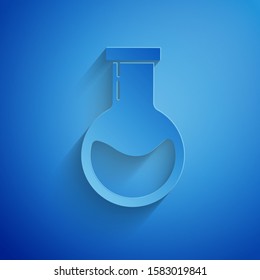 Paper cut Test tube and flask - chemical laboratory test icon isolated on blue background. Laboratory glassware sign. Paper art style. Vector Illustration
