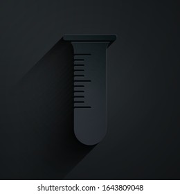 Paper cut Test tube and flask icon isolated on black background. Chemical laboratory test. Laboratory glassware. Paper art style. Vector Illustration