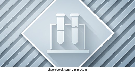 Paper cut Test tube and flask chemical laboratory test icon isolated on grey background. Laboratory glassware sign. Paper art style. Vector Illustration