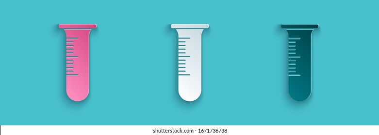 Paper cut Test tube and flask icon isolated on blue background. Chemical laboratory test. Laboratory glassware. Paper art style. Vector Illustration