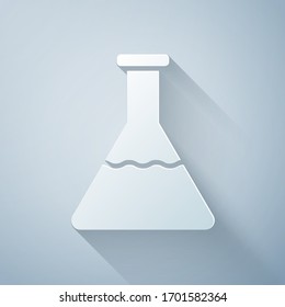 Paper cut Test tube and flask chemical laboratory test icon isolated on grey background. Laboratory glassware sign. Paper art style. Vector Illustration